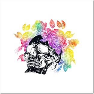 Skull with floral. Watercolor Roses wreath Posters and Art